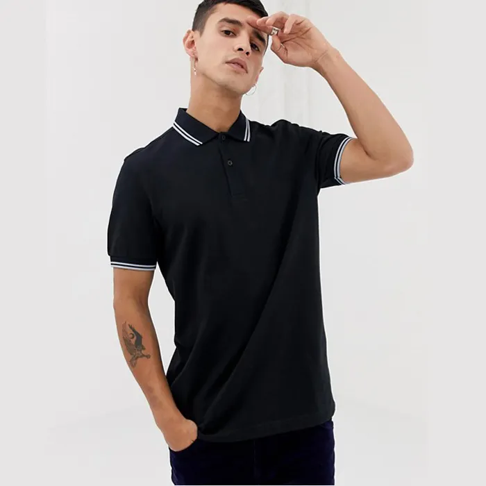 new in men's polo shirt twin tipped polo in black 100% pique polo t shirt