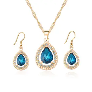 yiwu fashion gold ethiopian wedding jewelry set,earrings necklace Water drop sapphire crystal jewellery for woman