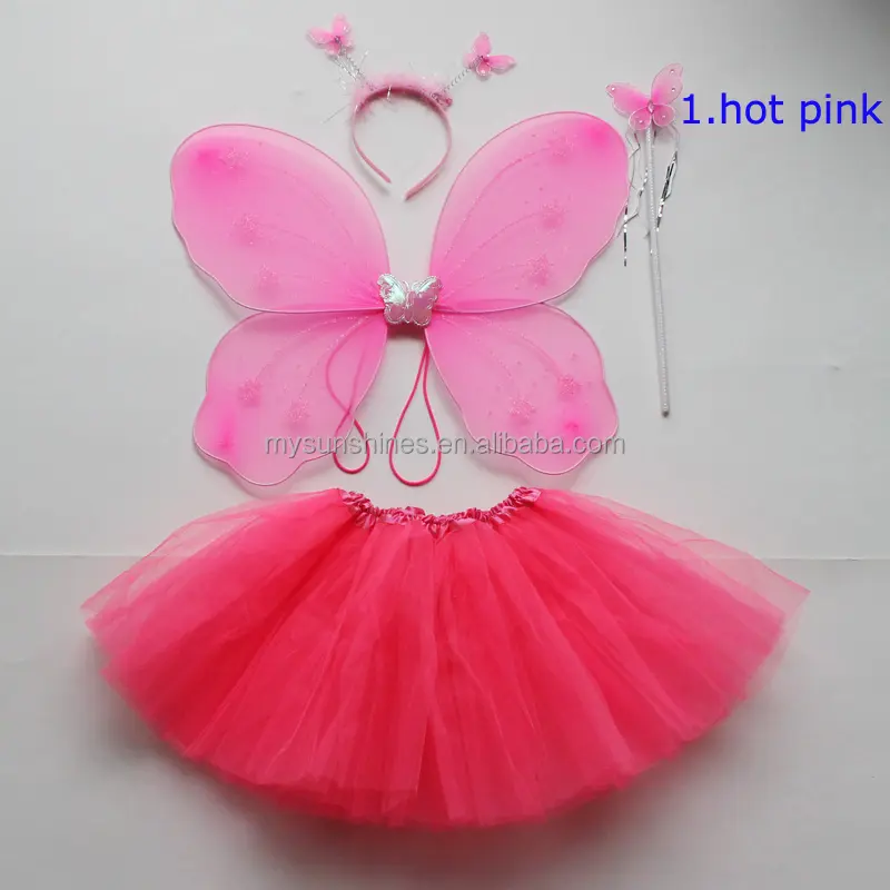 wholesale three layers tulle hot pink tutu skirt with hot pink butterfly set for fashion angel girls