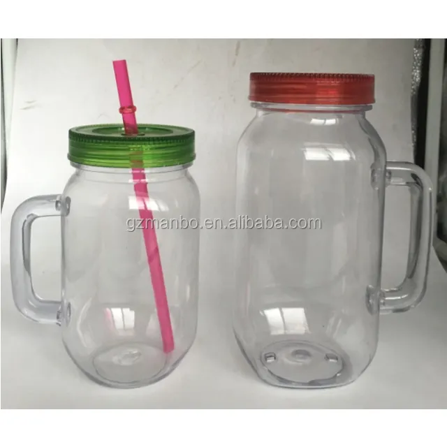 Best selling High Quality BPA Free Plastic Material Mini mason jar With Handle And Straw