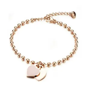 Ebay SJ Nhà Máy Tùy Chỉnh Trang Trí SJGS807 Phụ Nữ Thép Không Gỉ Cao Ba Lan Rose Mạ Vàng Bead Dual Heart Charm Bracelet