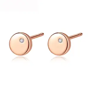 CZCITY Cute Stud Earrings for Women Single Small CZ Inlay Rose Gold Sterling Silver 925 Round Earrings