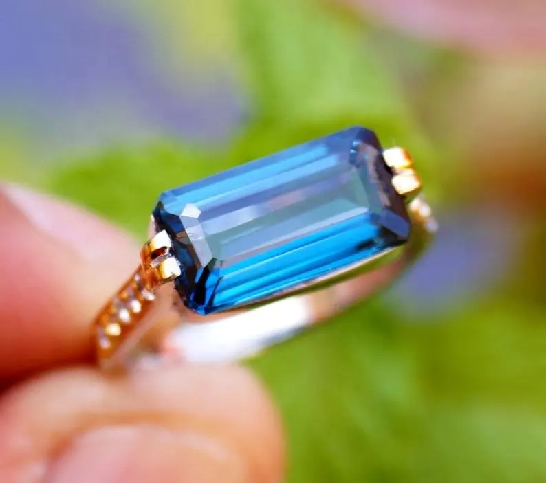925 Sterling Zilver Vergulde Sieraden Baguette Ring Emerald Cut Londen Blue Topaz Ring