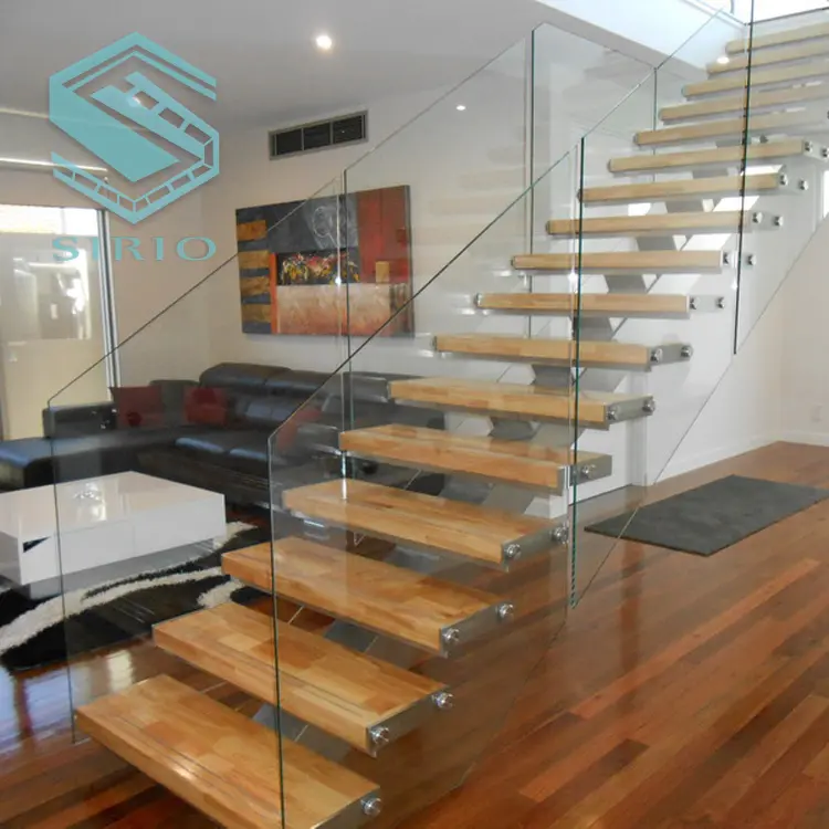 Estilo clásico Acero inoxidable vidrio templado escalera de madera del diseño moderno de la venta caliente
