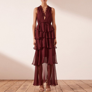 <span class=keywords><strong>Abito</strong></span> da sera <span class=keywords><strong>lungo</strong></span> Maxi con scollo a v senza maniche in Chiffon increspato <span class=keywords><strong>bordeaux</strong></span> elegante da <span class=keywords><strong>donna</strong></span> - Product Image 2