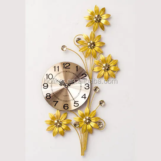 Fabricante de fábrica de flores de moda, estilo decorativo de pared de hierro forjado reloj con diamantes