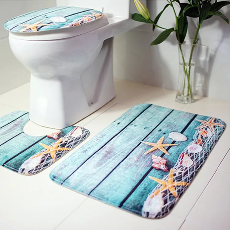 3pcs Bath Mats Ocean Underwater World Anti Slip Bathroom Mat Set Coral Fleece Floor Bath Mats Washable Bathroom Toilet Rugs