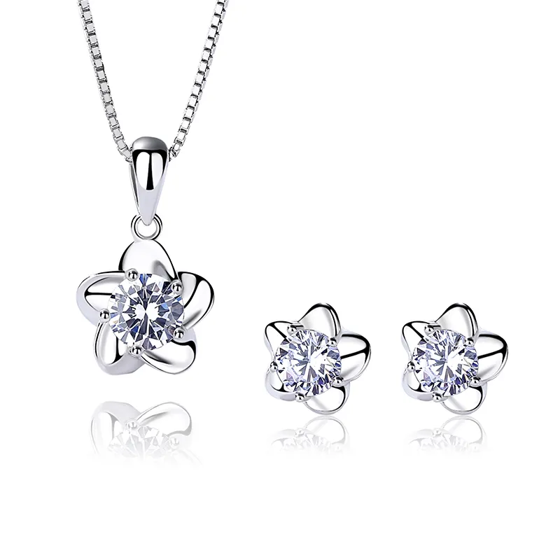 Simple Cheap 925 Sterling Silver Jewelry Prevent Allergy Cubic Zirconia Flower Jewelry Set For Women