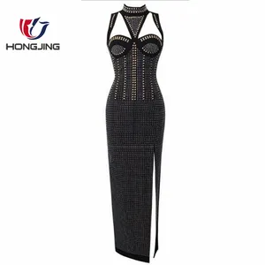 Robe pour femmes, col halter, sans manches, soutien-gorge intégré, robe à sequins brodés, découpe sur le devant, fente sur le dos, fermeture éclair au dos - Product Image 1