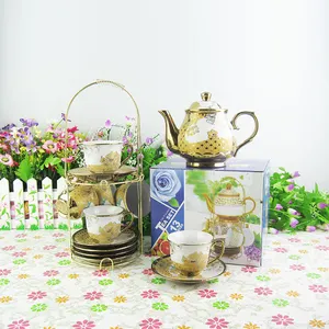 15件皇家茶/埃塞俄比亚咖啡套装欧式花卉陶瓷咖啡杯和茶碟，带不锈钢支架