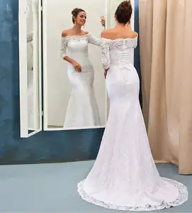 ผู้หญิงปิดไหล่ลูกไม้สีขาวทรัมเป็ตชุดราตรีงานแต่งงาน
