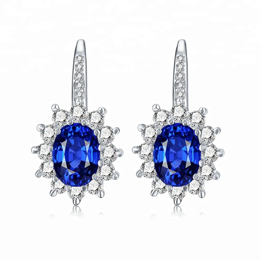 Wholesale Jewelry Lots Sapphire Blue Color Drop CZ Stone Silver luxury Halo Vintage Clip Earring for Women