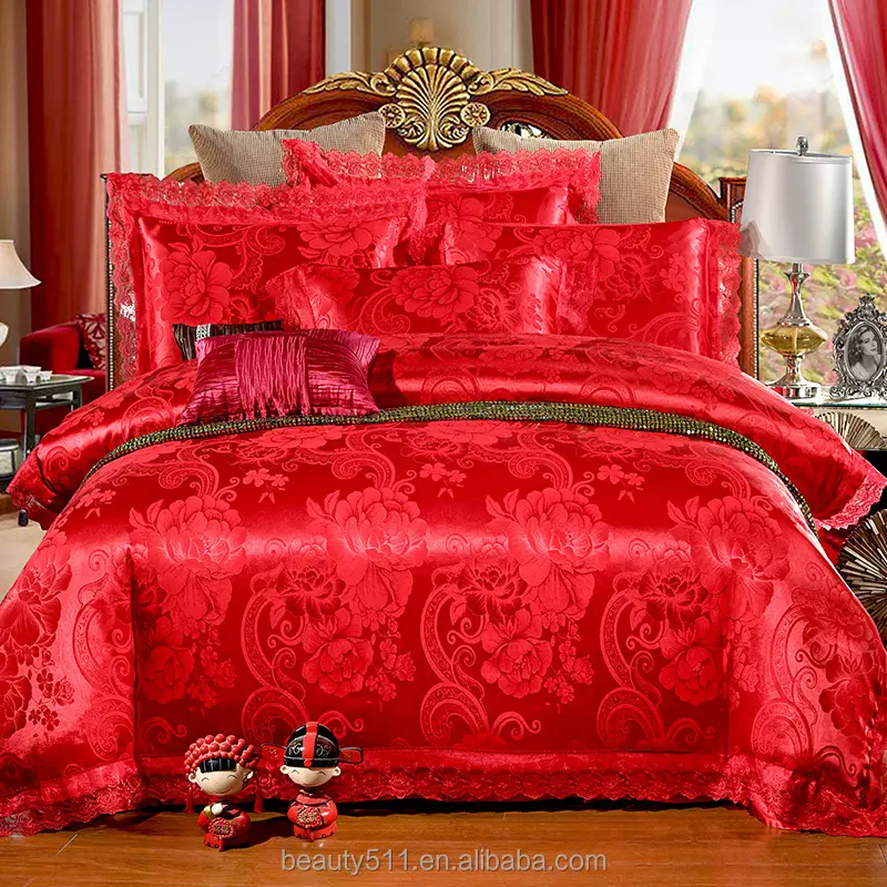 Conjunto de cama retrô casamento europeu, conjunto de lençol de quatro peças com colcha, capa vermelha, de noiva bss39