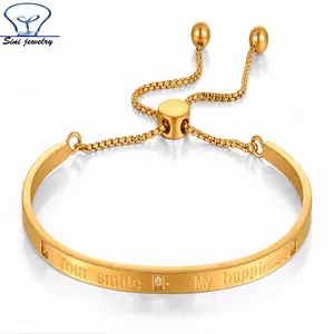 Perhiasan Sini gelang berlapis emas besi tahan karat rantai ekor dapat menyesuaikan gelang, gelang berukir huruf