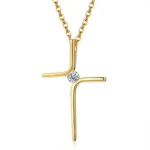 Dainty gold plated geometric zircon cross pendant necklace stainless steel