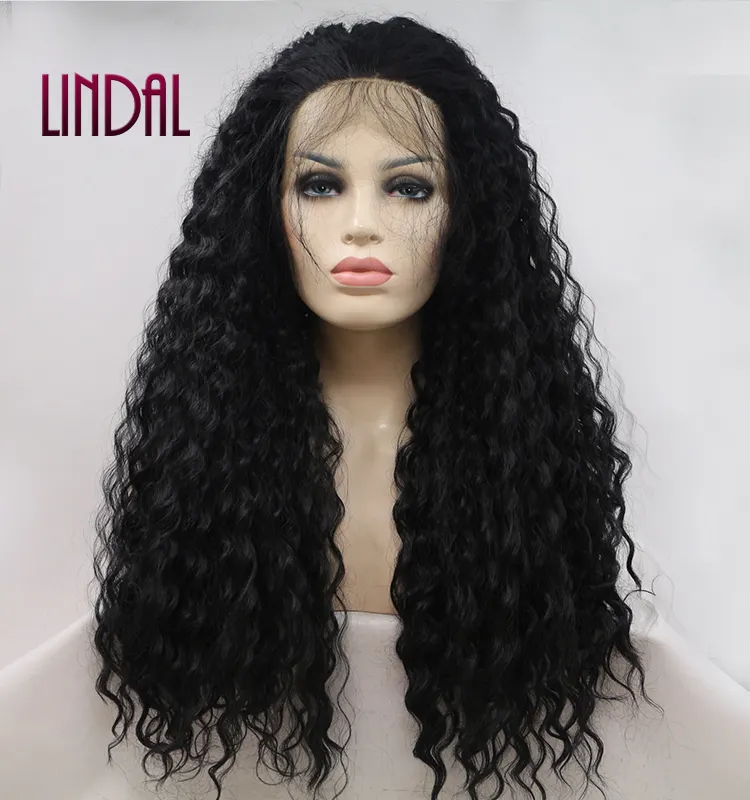 LINDAL kıvırcık dantel ön siyah derin dalga tutkalsız dantel ön peruk siyah kadınlar için sentetik ısıya dayanıklı iplik saç peruk 24 inç