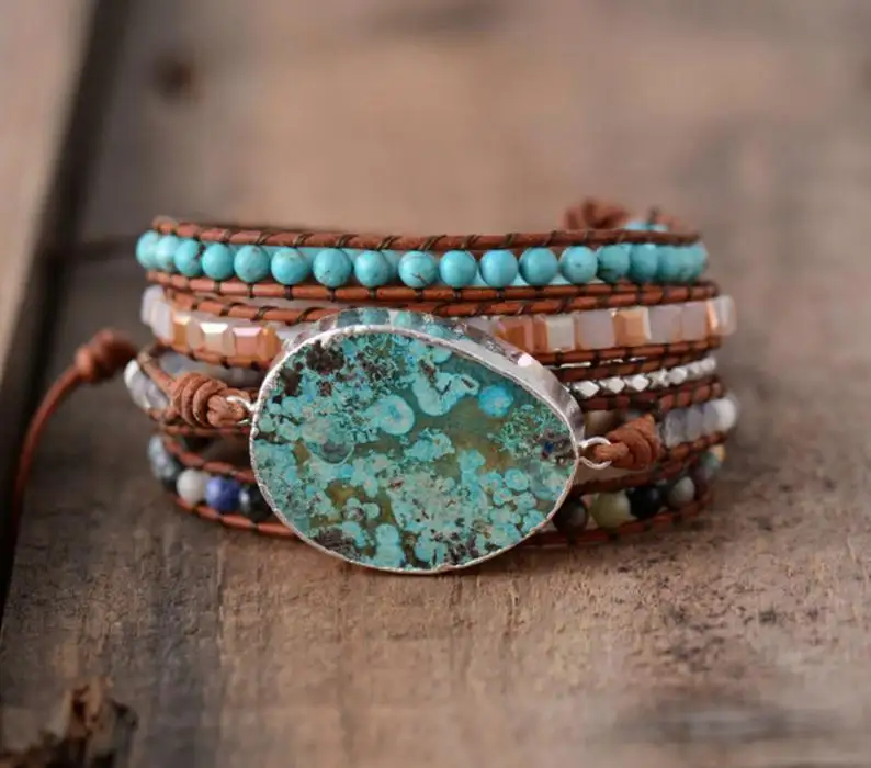 Natural Ocean Jasper Bracelet Geode Slice Gilded Druzy Bracelet Turquoise Beaded Wrap Bracelet