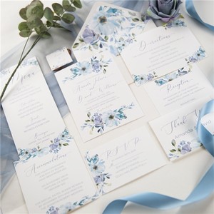 Carte d'invitation de mariage luxueuse en aquarelle bleu <span class=keywords><strong>français</strong></span>, motif floral, avec pochettes en papier vélin - Product Image 1