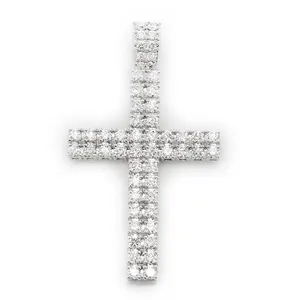 Rhodium Plated 925 Sterling Zilver Luxe Medium Twee Rij Volledige Pave Cross Hanger Voor Ketting