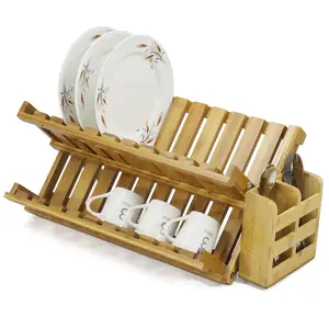 Бамбуковая Складная Сушилка для посуды вместительное складное изделие малого веса со 2-х уровневые держатель чашки для посуды с посуда столовые приборы держатель подходит для миски, тарелки, и
