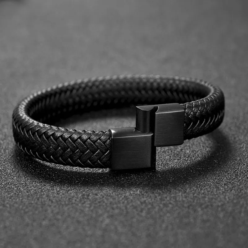 Punk Men Jewelry Black Brown Blue Leather Braided Bracelet Stainless Steel Magnetic Clasp Couple Bracelets