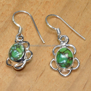 Boucles d'oreilles pendantes en argent sterling 925 faites à la main véritable ovale vert cuivre turquoise pierre précieuse Style tendance pour mariage ou cadeau - Product Image 2