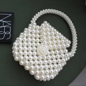 New designs square fancy white pearl small beaded bag