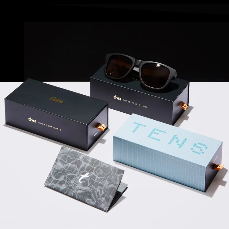 Caja de embalaje de gafas de sol pequeñas con logotipo personalizado, caja de cartón deslizante extraíble, cajón de papel, caja de regalo con cinta