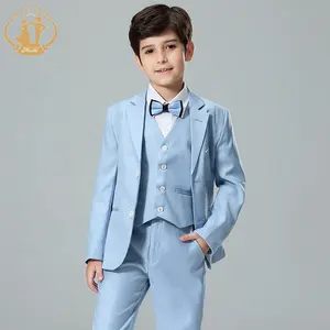 Wendbare Hoge Kwaliteit 100% Polyester Lichtblauw 3 Pcs Klassieke Jongens Kids Blazer Suits Voor Party Kinderen Party Kleding Sets