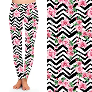 High Waist 92% Polyester 8% Spandex Double Brushed Milk Silk Digital Print Wholesale Zigzag Chevron Flamingo Leggings