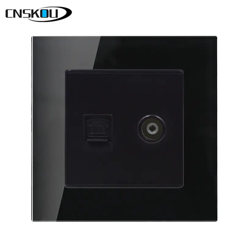 CNSKOU EU/UK Standaard Zwarte Kleur Glas Materiaal Muur Socket Tel En TV Stopcontact