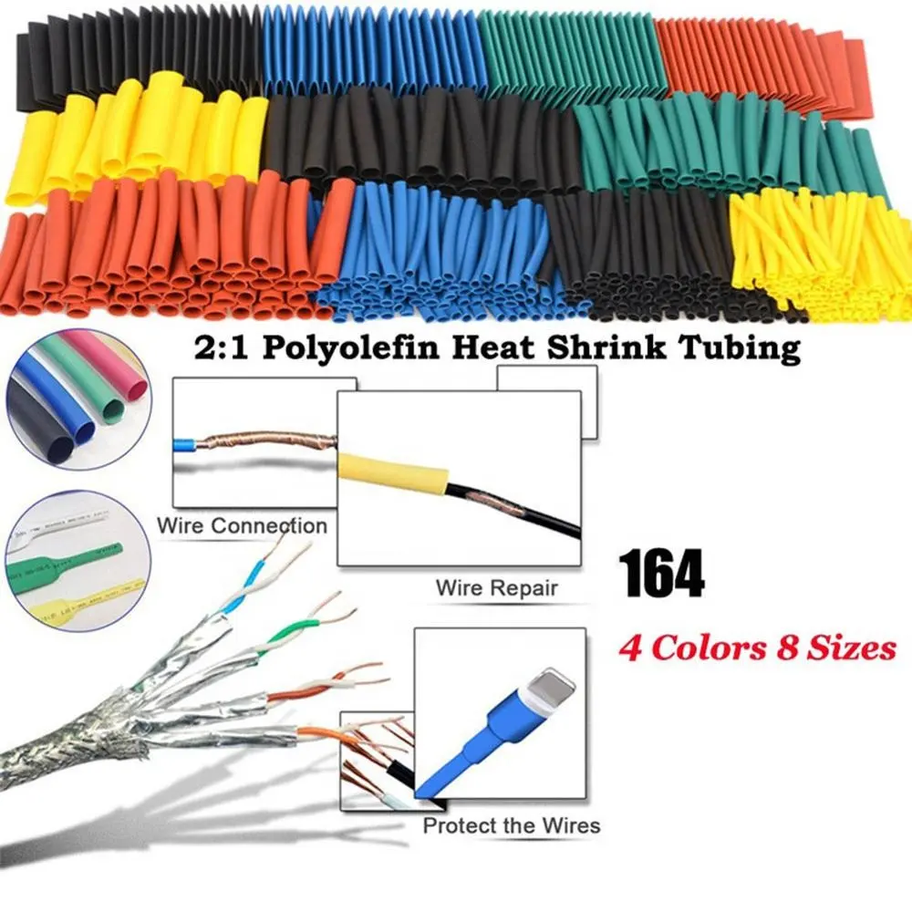 Conjunto de tubos de aislamiento de poliolefina, surtido de encogimiento de calor, Cable de Tubo termorretráctil, 164 unidades