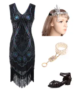 Ecowalson 1920 Gatsby Flapper Lantejoula Franjada Paisley Vestido com 20s Acessórios Definidos