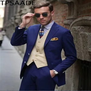 Slim traje 3 piezas azul marino, traje de boda para hombres (chaqueta + pantalón + chaleco + corbata) de hecho Masculino Trajes De Hombre chaqueta