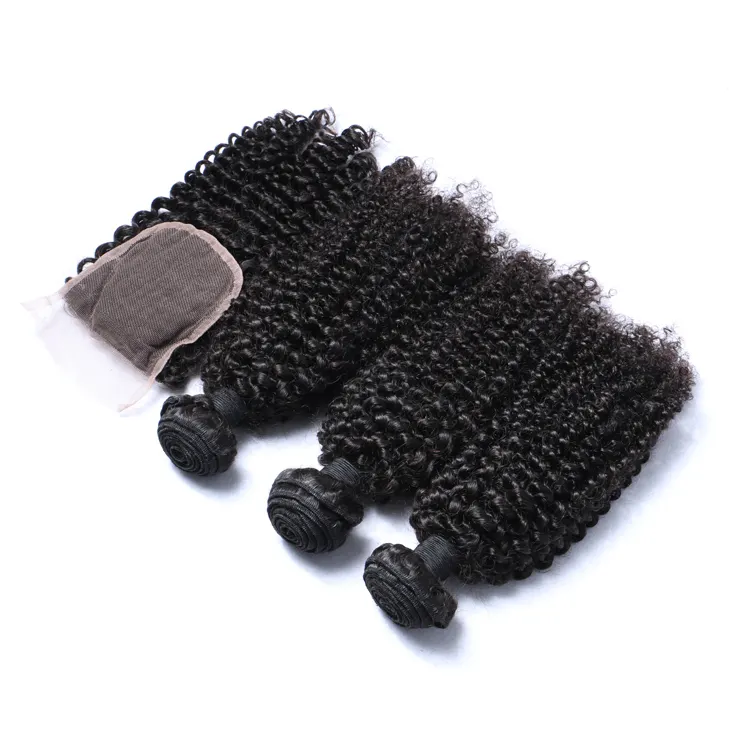 100% Human hair weave virgin natural kinky curly hair bundles with closure