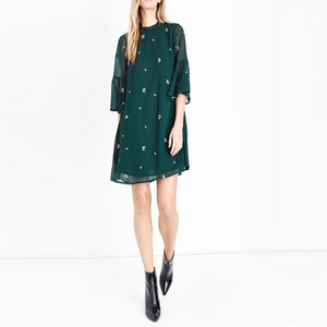 Mujeres moda floral verde oscuro bordado <span class=keywords><strong>Bell</strong></span> manga vestido - Product Image 2