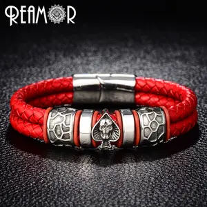 REAMOR Gelang Kulit Kepang Ganda 316l Pria, Baja Tahan Karat Liontin Tengkorak Sekop Kepala Gelang Punk Perhiasan Pria