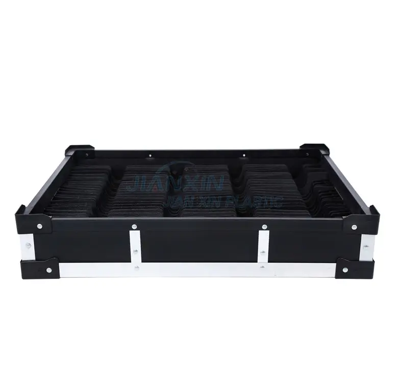 Factory price anti-static black foldable PP corrugated plastics hollow plate turnover skeleton boxes with aluminum edge