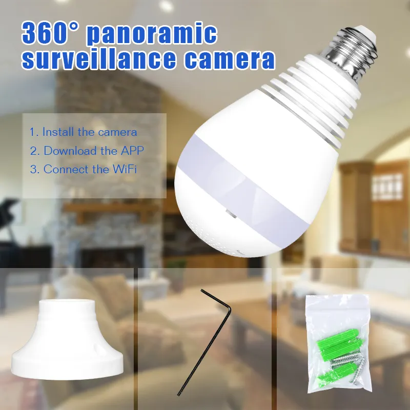 Caméra IP 360 degrés 960P sans fil panoramique VR IP caméra ampoule lumière Wifi FishEye Surveillance CCTV maison