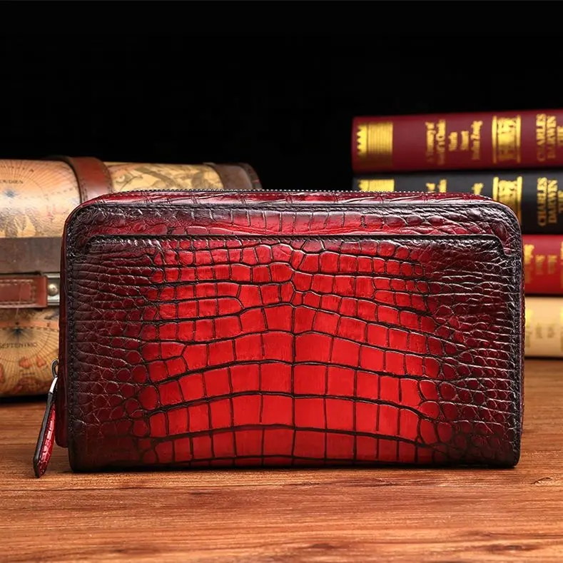 Handcrafted Alligator Leather Zipper RFID Long Wallet、Business Hand Clutch Phone Holder
