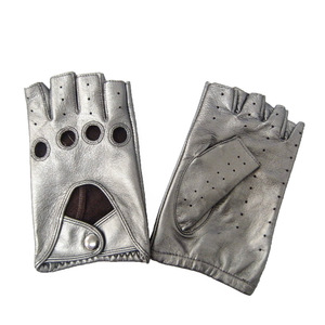 Moda personalizada de alta calidad medio dedo mujeres negro piel de cabra piel de cordero conducir coche hombres piel de oveja guantes de cuero sin dedos - Product Image 6