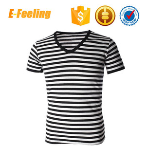 Tejido plano de encargo camiseta de la raya, a granel al por mayor blanco <span class=keywords><strong>y</strong></span> negro v-cuello de la raya de la camiseta - Product Image 3