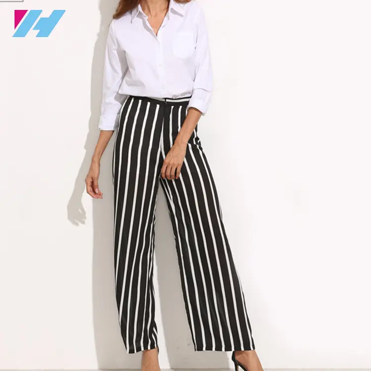 高品質格安Loose Trousers Women Trousers Elegant Womens Trousers Black白Vertical Striped High Waist Wide Leg Pants