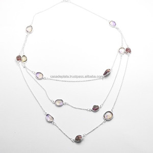 สร้อยคอเงิน18 "สายหนังธรรมชาติ Ametrine, Tourmaline - Product Image 1