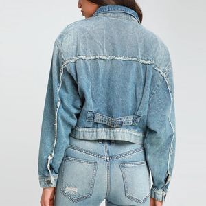 Blue <strong>Denim</strong> Washed Drop Shoulder Distressed Oversized <strong>Cropped</strong> <strong>Jacket</strong> Women - Product Image 3