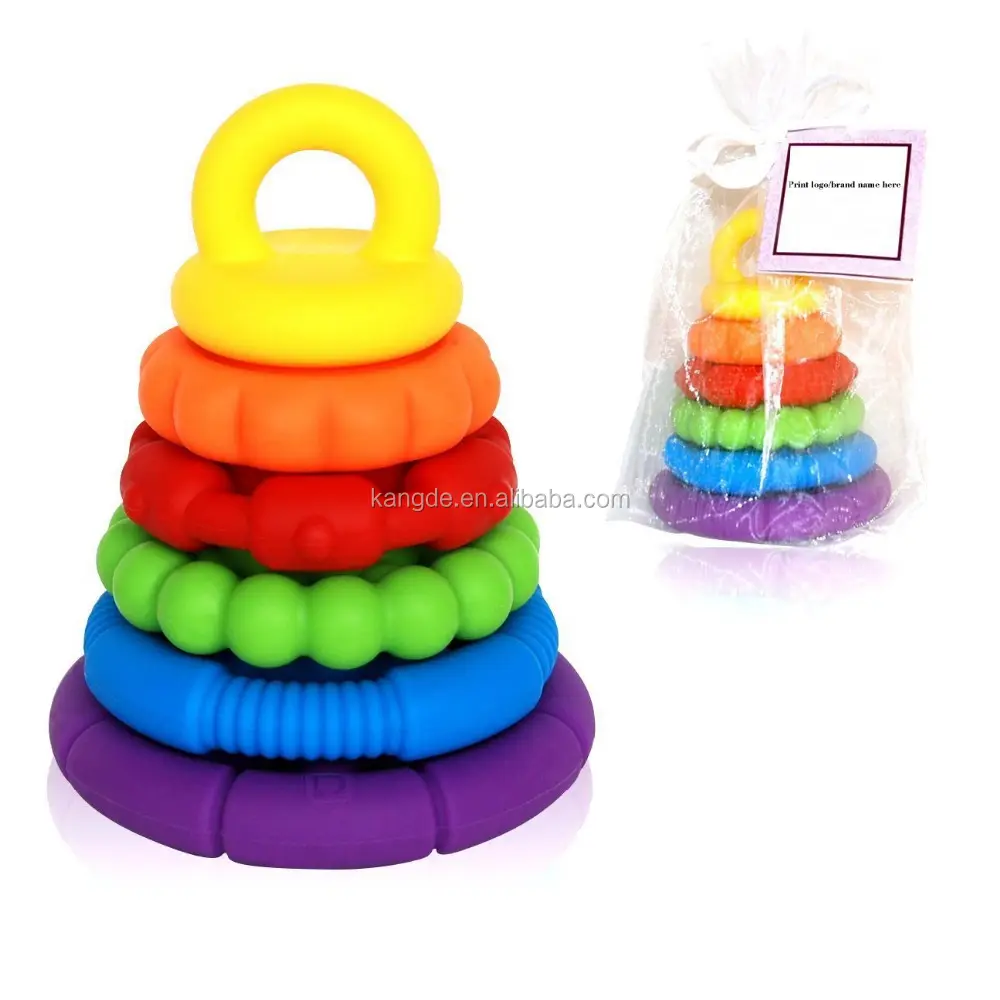 New Colorful Silicone Baby Teether Toy, Baby Blocks Silicone Chewable Stacker Stacking Nesting Circle Toy Infant Teething Toys
