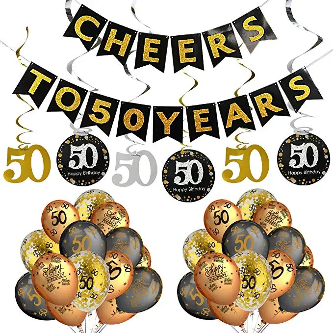 Cheers to 50 Year Banner Sparkling Celebration 50 Hanging Swirl Balloons 50th Birthday Party Decorations Kit For Sale