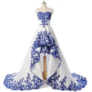 Vestido de noiva de cetim, vestido de noiva longo com pescoço, frente única, branco e azul, barato