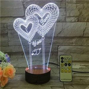 Lampu Visual 3D Romantis Cinta, Bentuk Hati dengan Dasar Kayu Berubah 7 Warna Lampu LED untuk Hadiah Kekasih