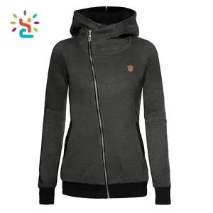 여성용 Oblique Full Zip-up 캐주얼 후드 자켓 코트 비대칭 네오프렌 까마귀 77% 폴리 에스테르/23% 코튼